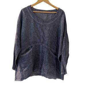 Ellamoda Blue 100% Linen Oversized Scoopneck European Lagenlook Top Size M